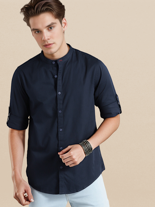 IndoPrimo Men's Cotton Navy Blue Mandrain Collar Casual Solid Shirt