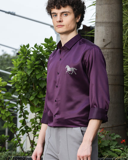 Grape Purple Sequence Club Wear Satin Party Shirt