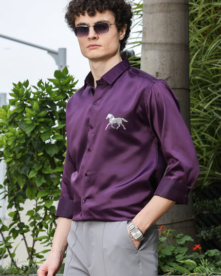Grape Purple Sequence Club Wear Satin Party Shirt