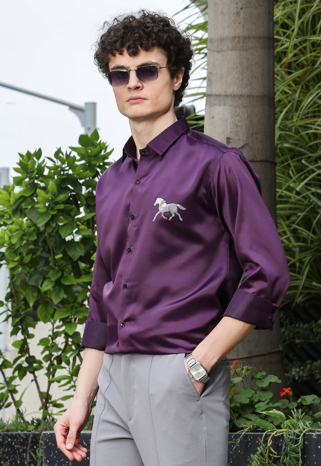 Grape Purple Sequence Club Wear Satin Party Shirt