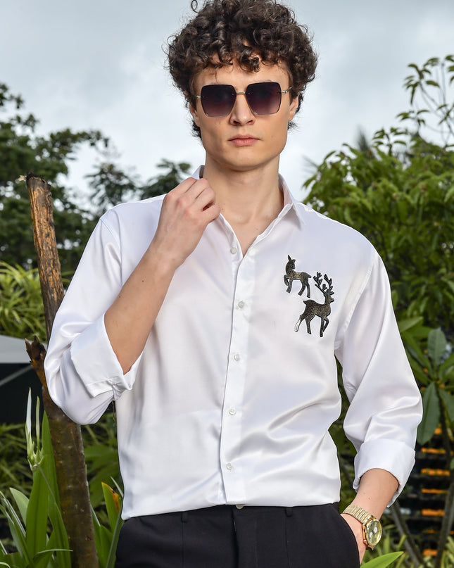 Gainsboro White Sequence Club Wear Satin Party Shirt