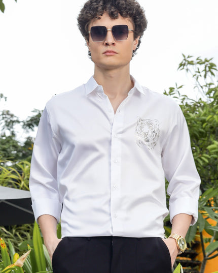 Pearl White Sequence Club Wear Satin Party Shirt