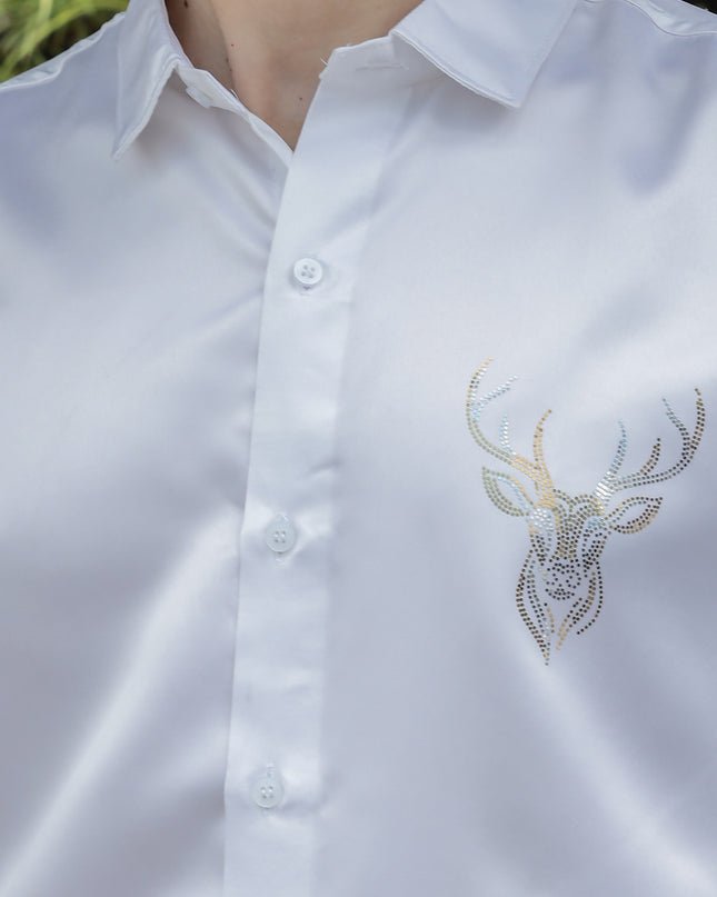 Nebula White Sequence Club Wear Satin Party Shirt
