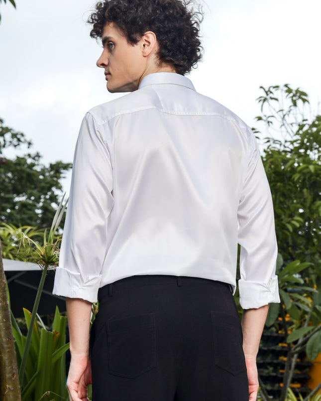 Gainsboro White Sequence Club Wear Satin Party Shirt