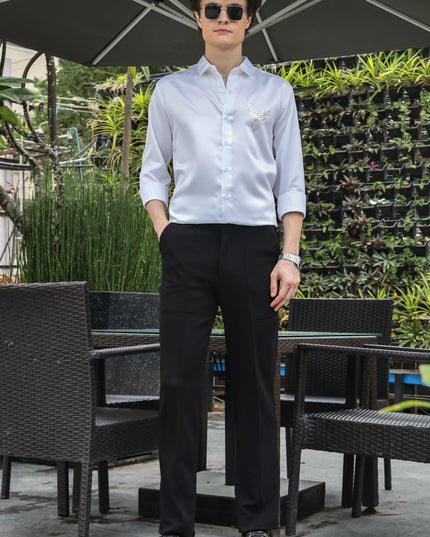 Nebula White Sequence Club Wear Satin Party Shirt