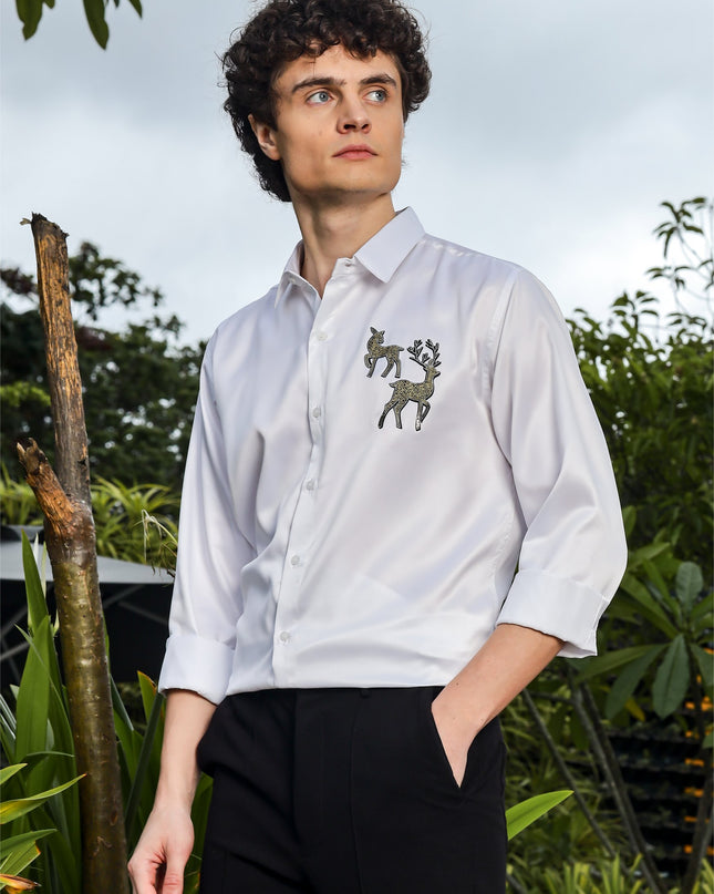 Gainsboro White Sequence Club Wear Satin Party Shirt