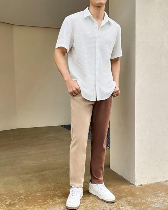 IndoPrimo Men's Regular Fit Self Design Spread Collar Casual Half Sleeve Shirt - Pop
