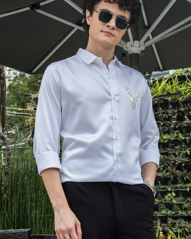 Nebula White Sequence Club Wear Satin Party Shirt