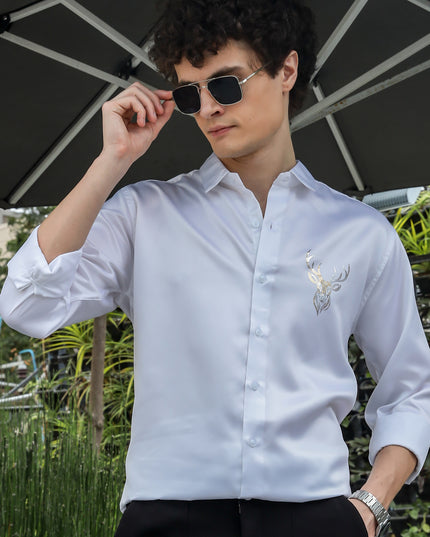 Nebula White Sequence Club Wear Satin Party Shirt