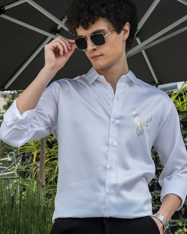 Nebula White Sequence Club Wear Satin Party Shirt