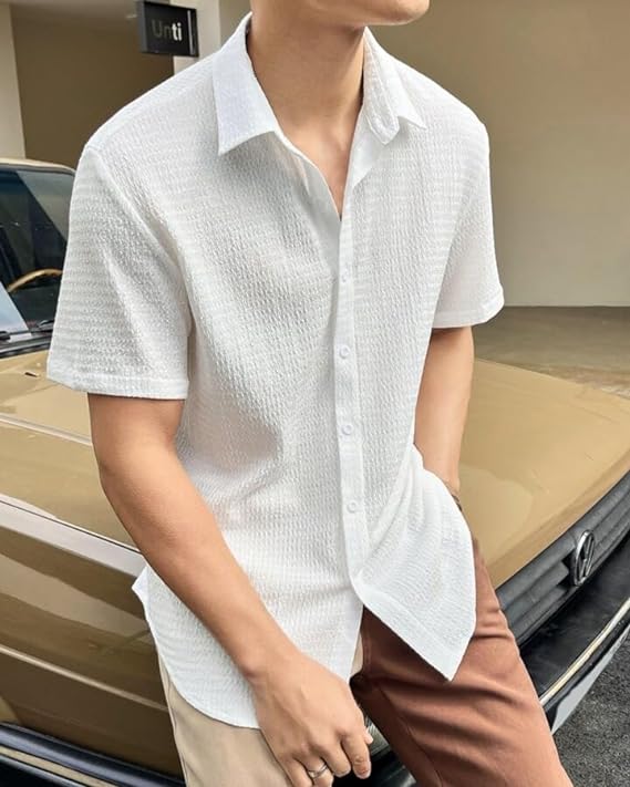 IndoPrimo Men's Regular Fit Self Design Spread Collar Casual Half Sleeve Shirt - Pop