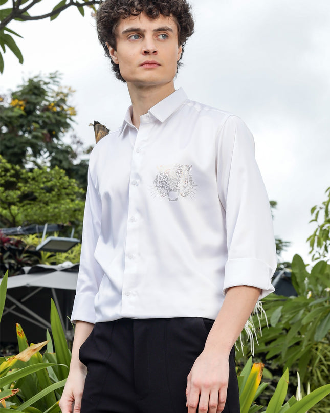 Mercury White Sequence Club Wear Satin Party Shirt