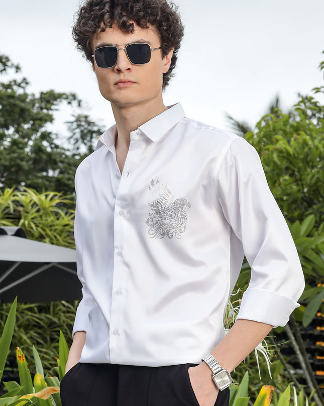 Seashell White Sequence Club Wear Satin Party Shirt