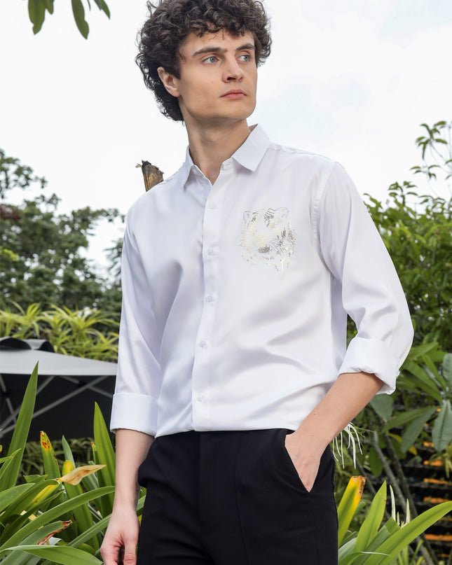 Pearl White Sequence Club Wear Satin Party Shirt