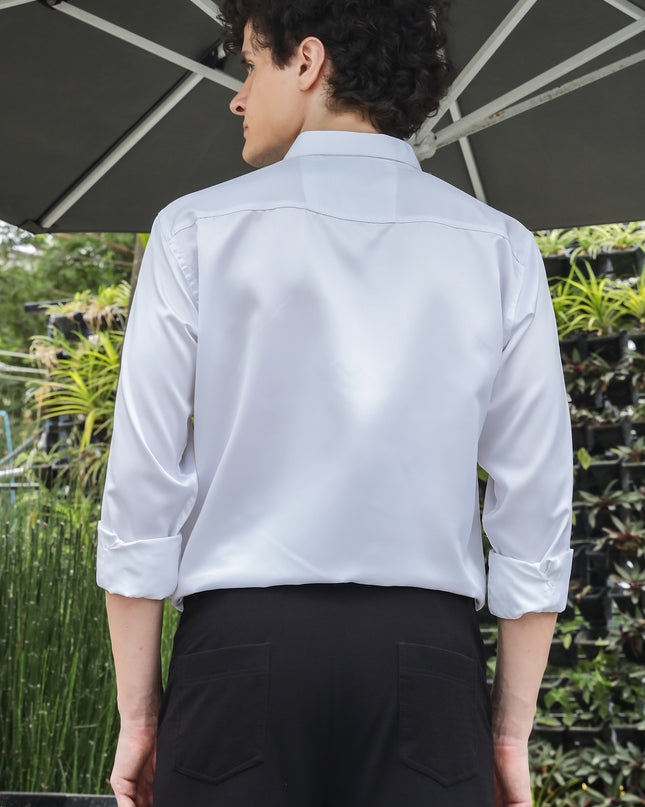 Nebula White Sequence Club Wear Satin Party Shirt