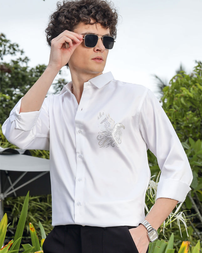 Seashell White Sequence Club Wear Satin Party Shirt
