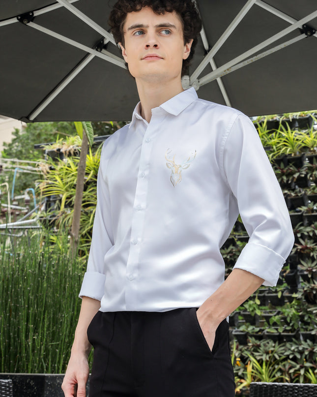 Nebula White Sequence Club Wear Satin Party Shirt