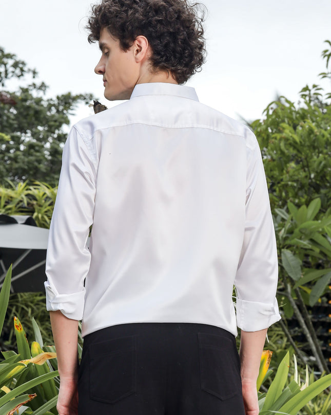 Seashell White Sequence Club Wear Satin Party Shirt