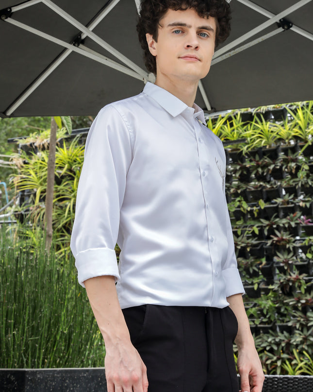 Nebula White Sequence Club Wear Satin Party Shirt