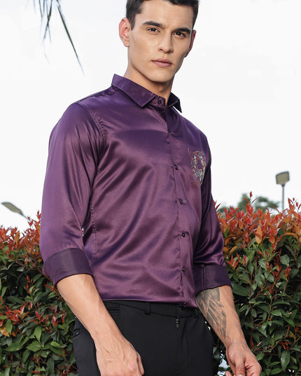 Plum Purple Sequence Club Wear Satin Party Shirt