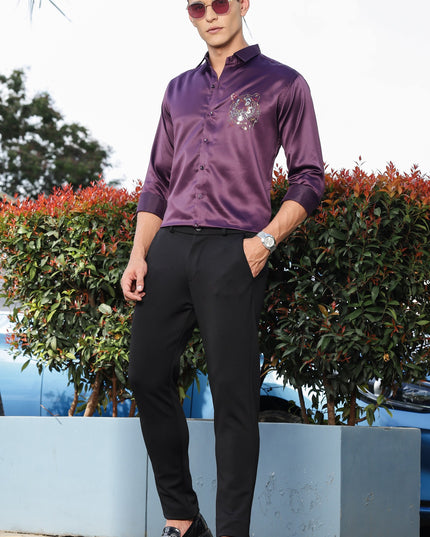 Plum Purple Sequence Club Wear Satin Party Shirt