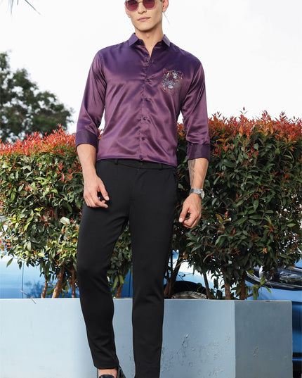 Plum Purple Sequence Club Wear Satin Party Shirt