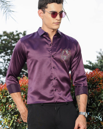 Plum Purple Sequence Club Wear Satin Party Shirt
