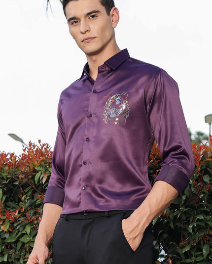 Plum Purple Sequence Club Wear Satin Party Shirt