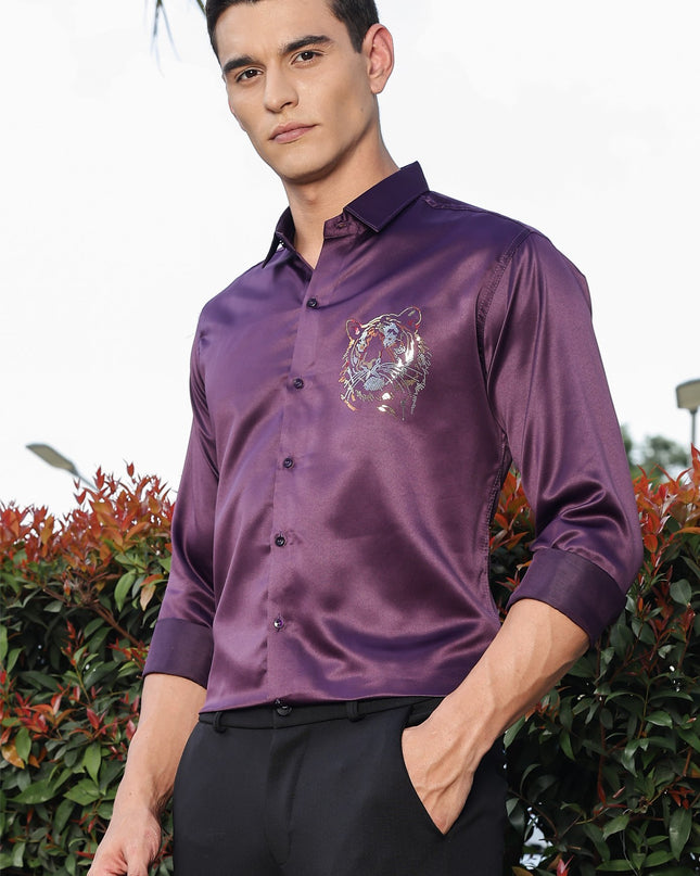Plum Purple Sequence Club Wear Satin Party Shirt
