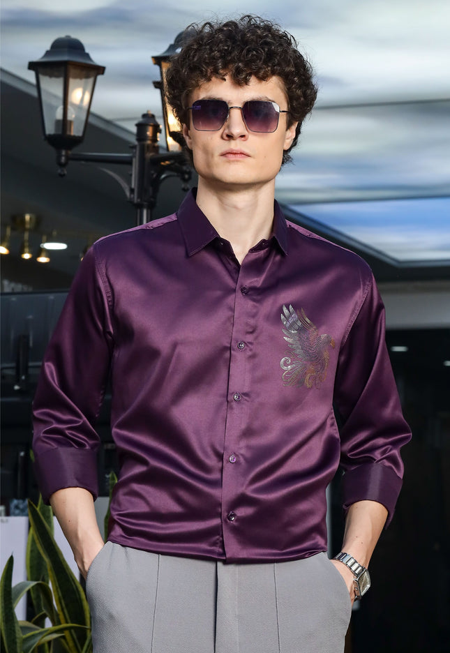 Palatinate Purple Sequence Club Wear Satin Party Shirt