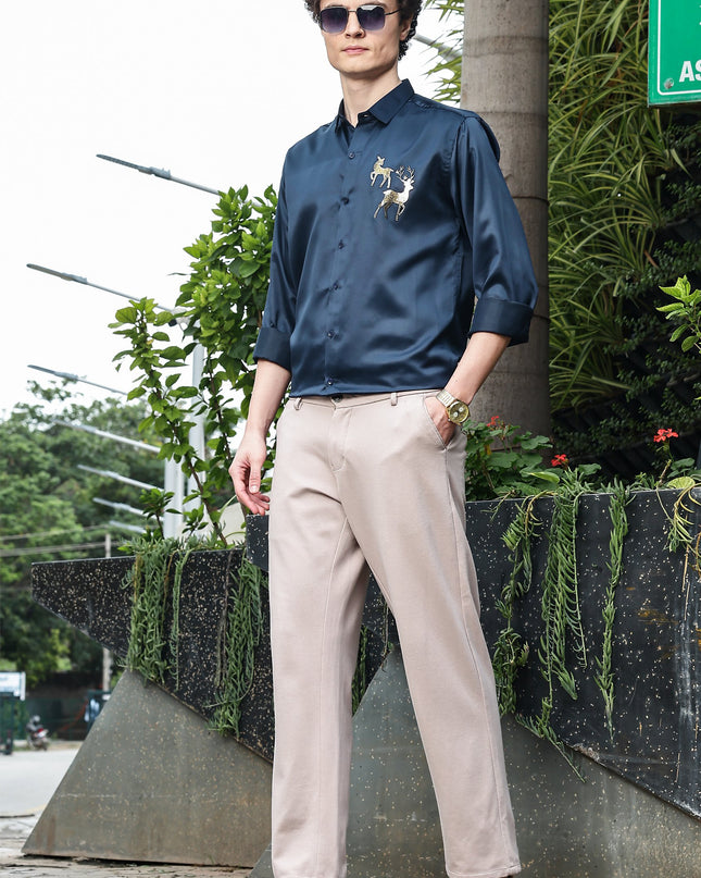 Denim Blue Sequence Club Wear Satin Party Shirt