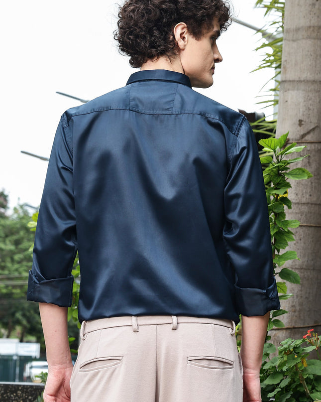 Denim Blue Sequence Club Wear Satin Party Shirt
