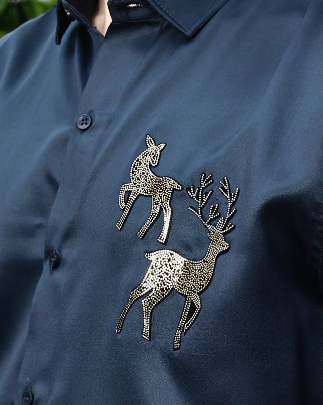 Denim Blue Sequence Club Wear Satin Party Shirt