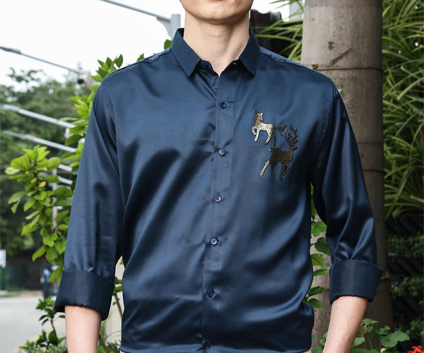 Denim Blue Sequence Club Wear Satin Party Shirt