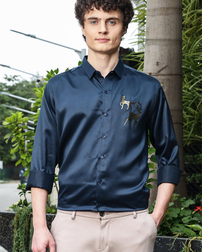 Denim Blue Sequence Club Wear Satin Party Shirt