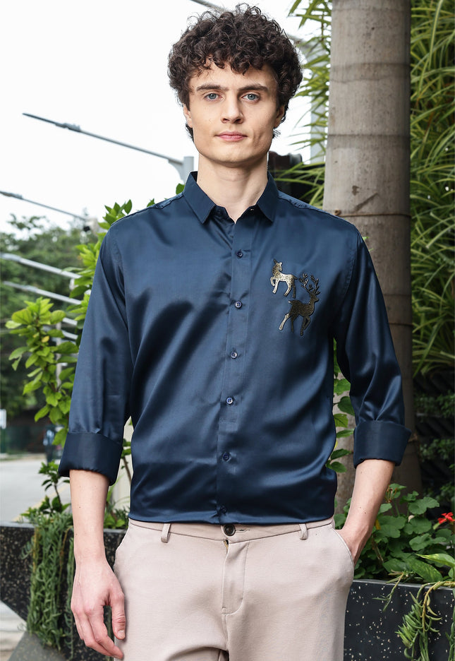 Denim Blue Sequence Club Wear Satin Party Shirt