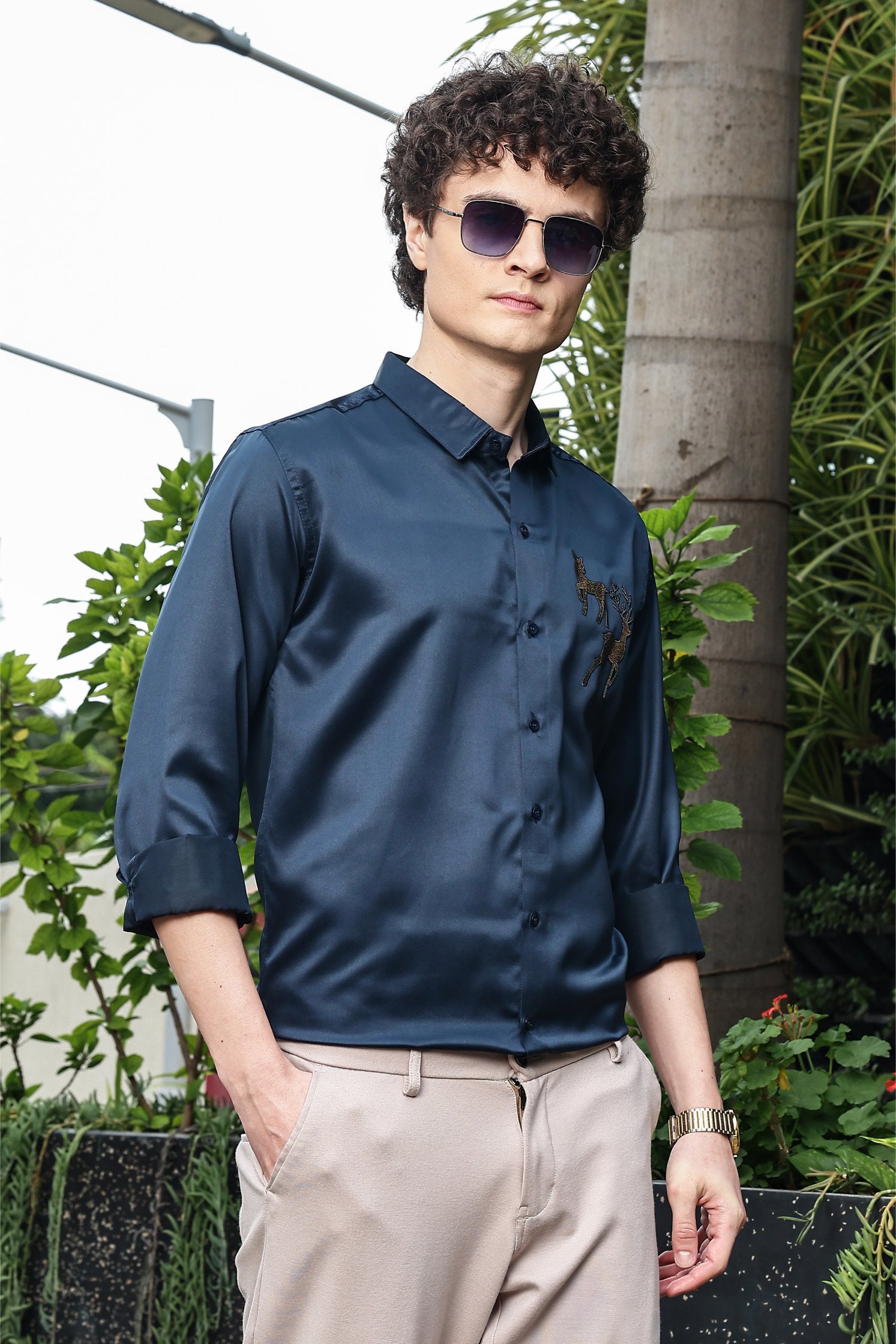 Denim Blue Sequence Club Wear Satin Party Shirt