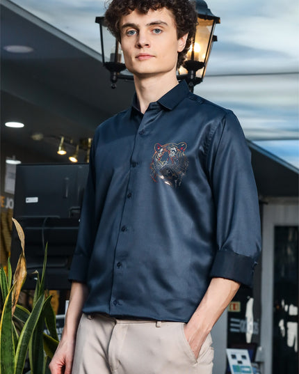 Mineral Airblue Sequence Club Wear Satin Party Shirt