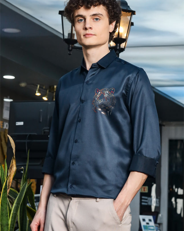 Mineral Airblue Sequence Club Wear Satin Party Shirt