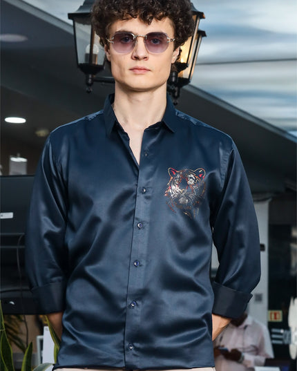 Mineral Airblue Sequence Club Wear Satin Party Shirt