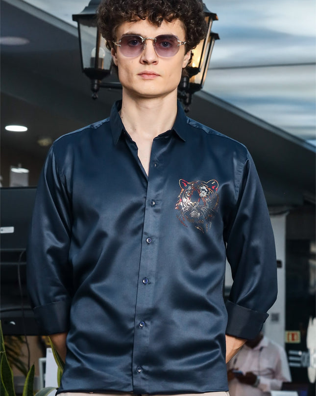 Mineral Airblue Sequence Club Wear Satin Party Shirt