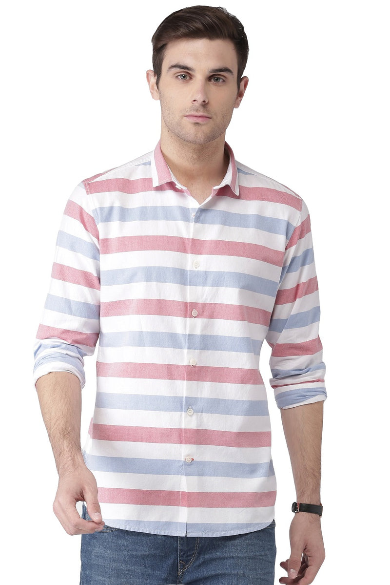 IndoPrimo Men's Ultra Fit Cotton Casual Striped White Shirt for Men Full Sleeves