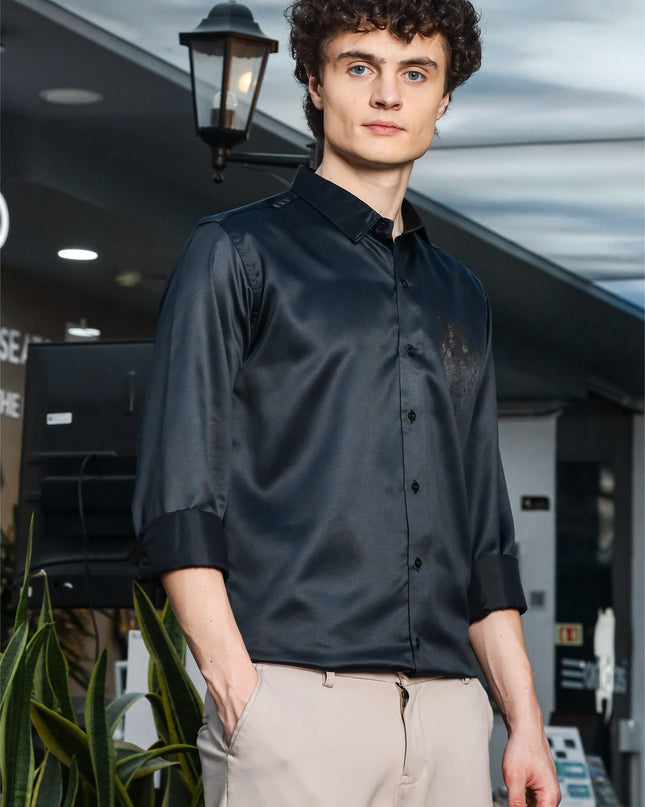 Gravel Black Sequence Club Wear Satin Party Shirt