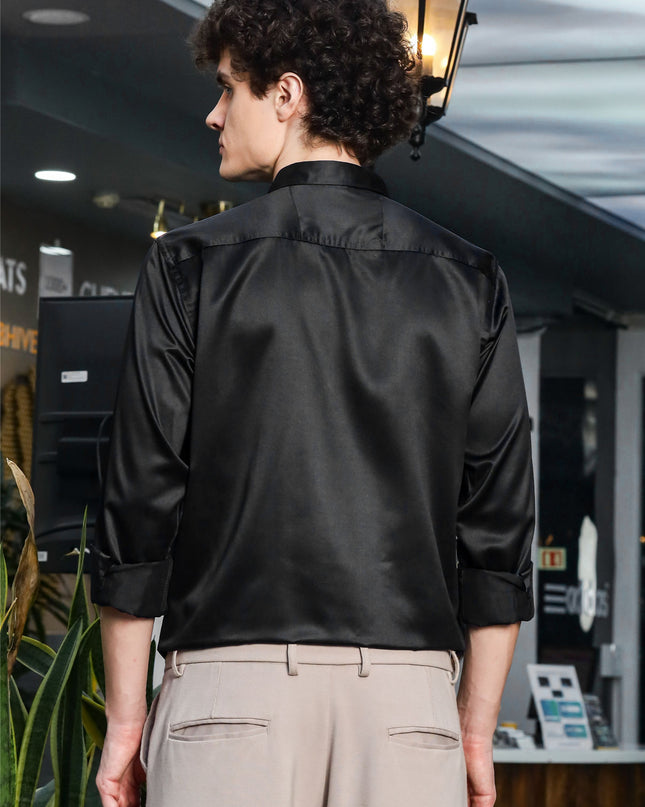 Iridium Black Sequence Club Wear Satin Party Shirt