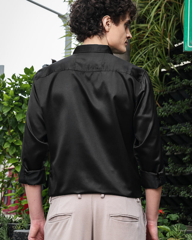 Shuttle Black Sequence Club Wear Satin Party Shirt
