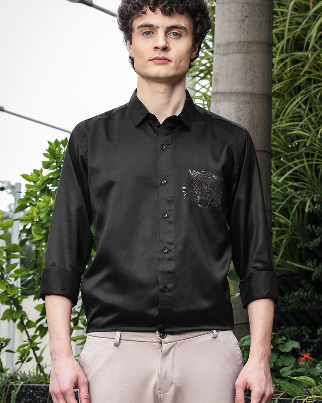 Shuttle Black Sequence Club Wear Satin Party Shirt