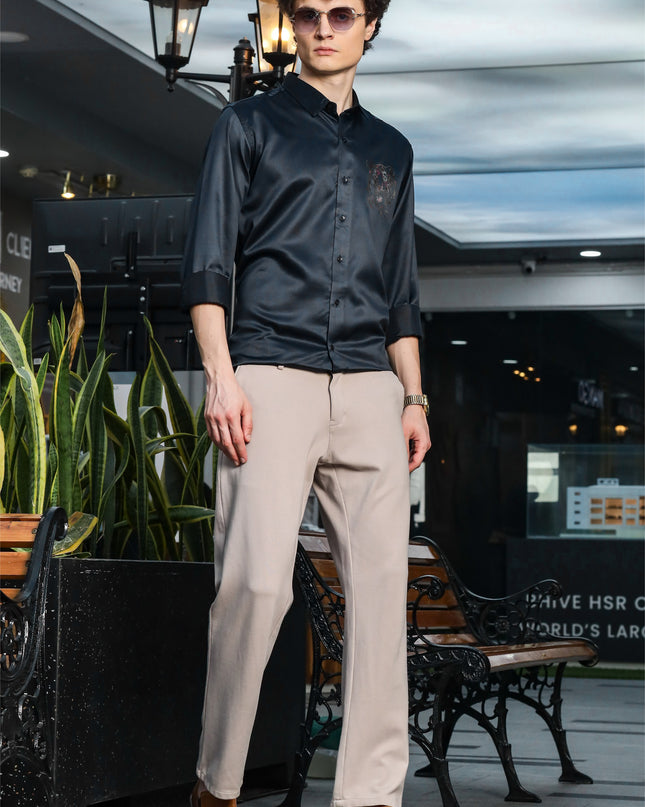 Gravel Black Sequence Club Wear Satin Party Shirt