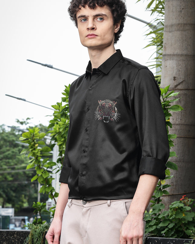 Shuttle Black Sequence Club Wear Satin Party Shirt