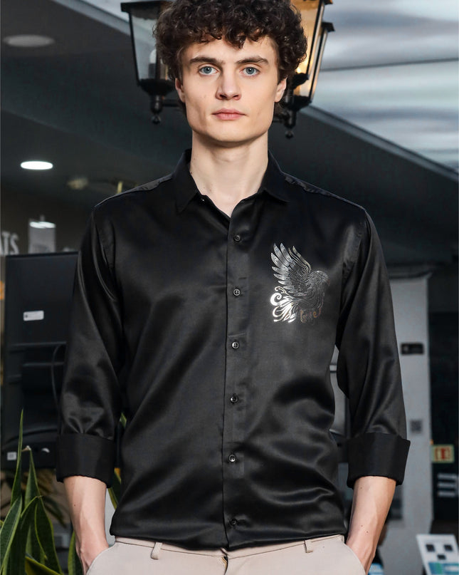 Iridium Black Sequence Club Wear Satin Party Shirt