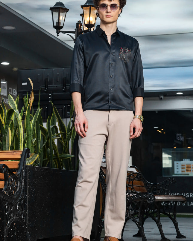 Gravel Black Sequence Club Wear Satin Party Shirt